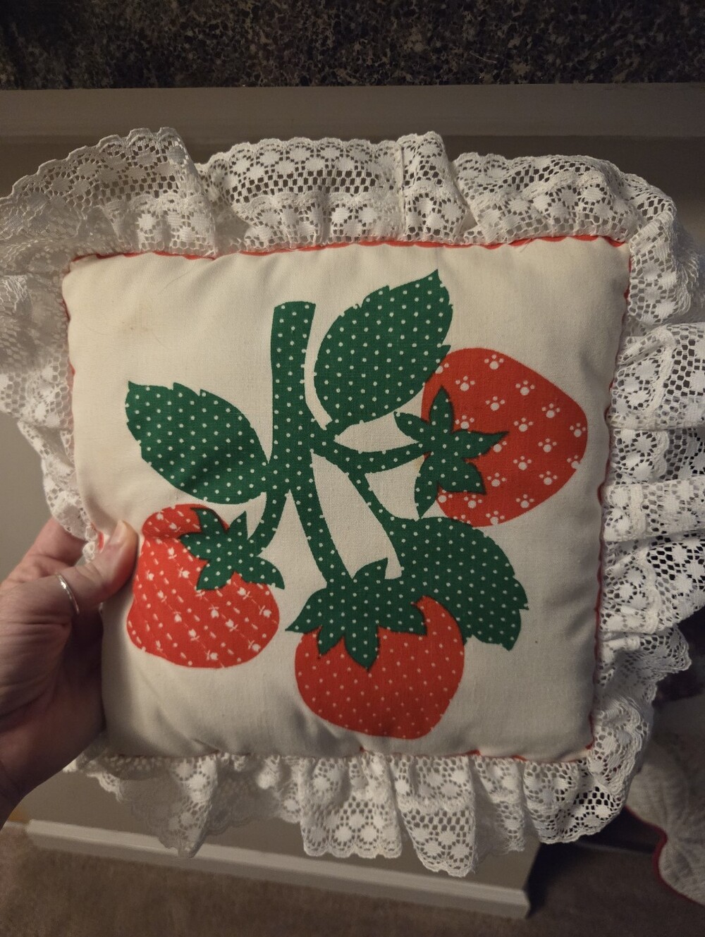 Small strawberry white bright red and green lace trimmed vintage pillow